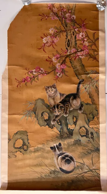 Antique Vertical Silk Scroll painting Cats on a rock