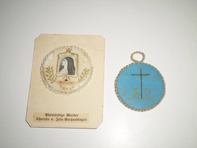 alte Stoff Reliquie Medaillon Klosterarbeit Mutter Theresia v. Jesu Gerhardinger