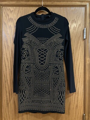 Haute Monde Black Dress w/Gold Studs, Sheer Sleeves, Polyester/Spandex, Size M
