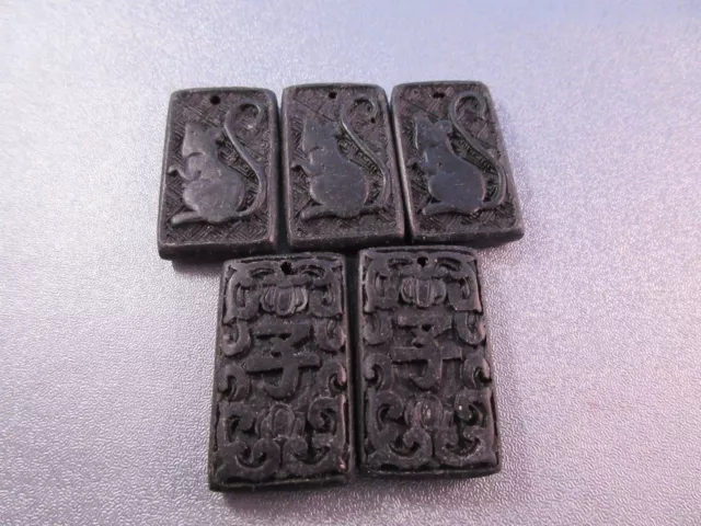Carved Black Cinnabar Pendant Beads Chinese Zodiac Year Of Rat 5pcs