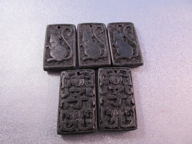 Carved Black Cinnabar Pendant Beads Chinese Zodiac Year Of Rat 5pcs