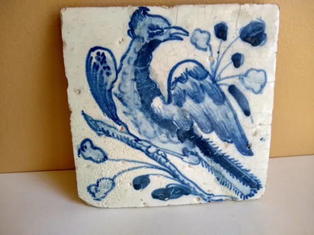 Antique 17th -18th Century Delft Hand Painted Tile. Stylized Bird. NR