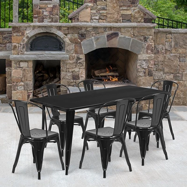 Commercial Grade 31.5" x 63" Rectangular Black Metal Indoor/Outdoor Table Set w/