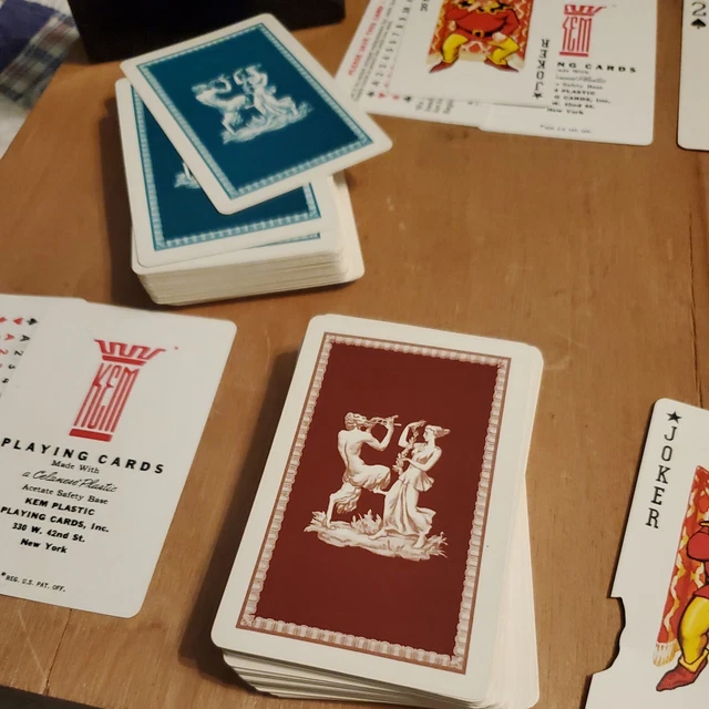 VINTAGE KEM PLASTIC Playing Cards, 2 Decks w hard Case. "Greek Myth PAN