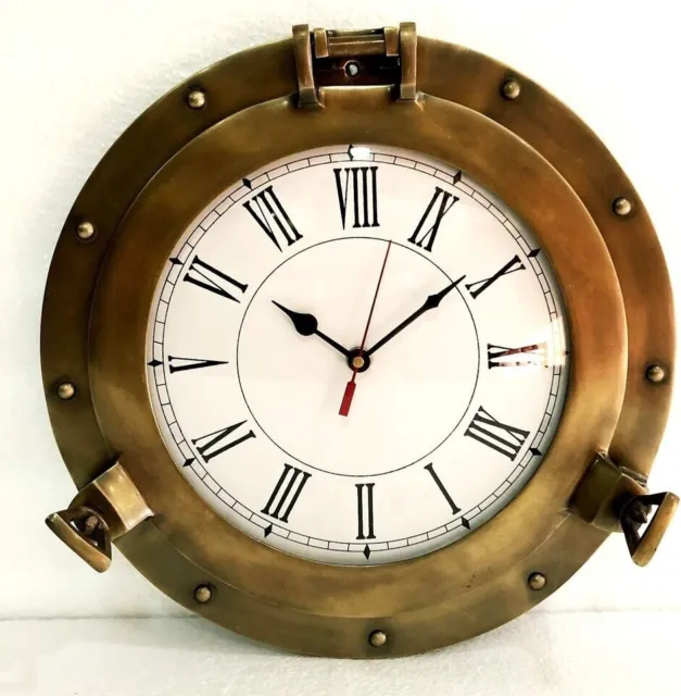 Antique Marine Brass Ship Porthole Clock Nautical Wall Clock Home Decorative 12"