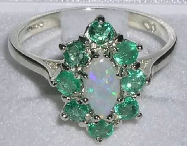 Natural Emerald & White Fiery Opal - English 925 Sterling Silver Ring / Ring