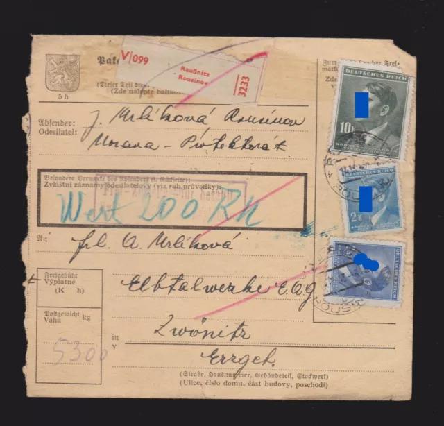 Paketkarte Böhmen und Mähren Mi.99, 101, 107 von Raußnitz 1943 gelaufen