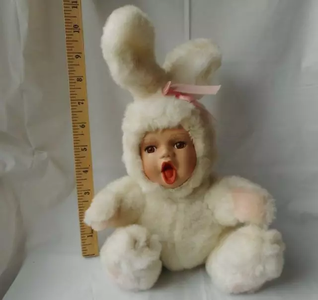 Plush Bunny Rabbit with Porcelain Baby Face w Eyelashes & Brown Eyes 11"