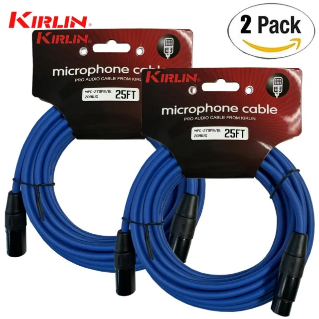 2-PACK Kirlin 25FT XLR Male to XLR Female 20AWG Microphone Cable Blue