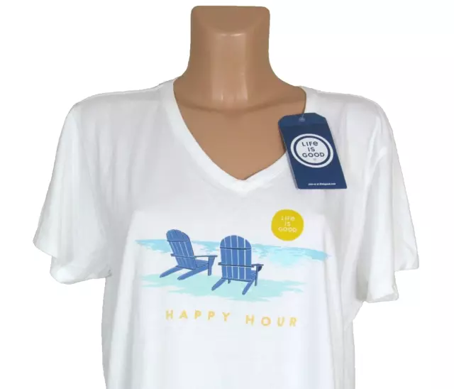 LIFE IS GOOD NWT Womens XL White V-neck T-Shirt HAPPY HOUR at the Beach MSRP $28