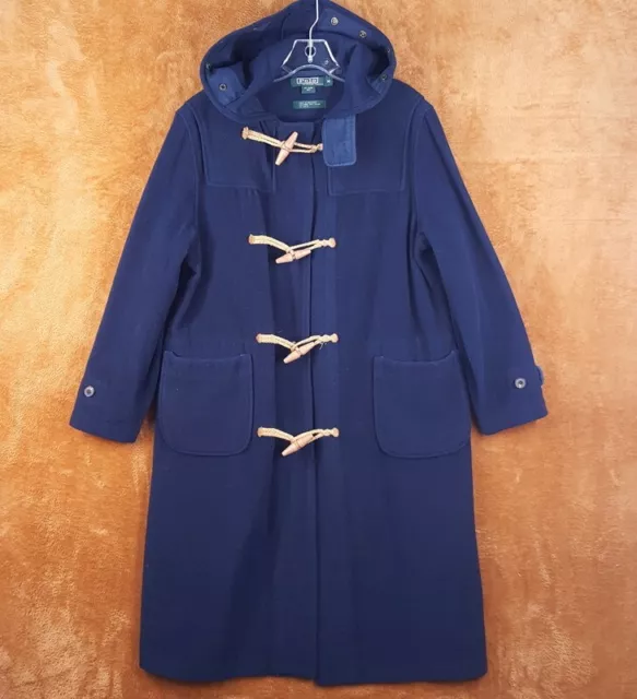 Vintage POLO RALPH LAUREN Mens Coat Medium Navy Duffle Trench Toggle Hooded Wool