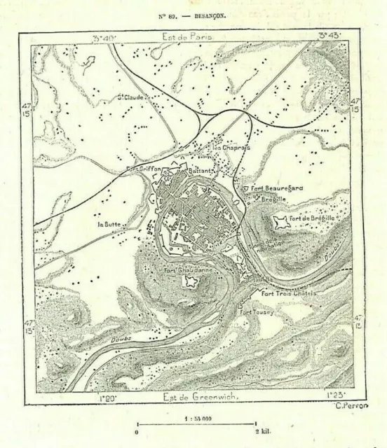 Besancon (25) Bassin / Carte Map / Gravure Engraving 1885