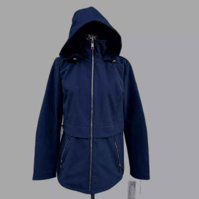 GUESS Women's Navy Soft Shell Hooded Fleece Lined Zip Transitional Jacket L NWT 3