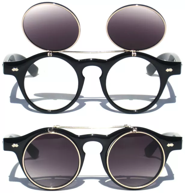 Flip Up Round Steampunk Retro Vintage Style Sunglasses Gradient and Clear Lens