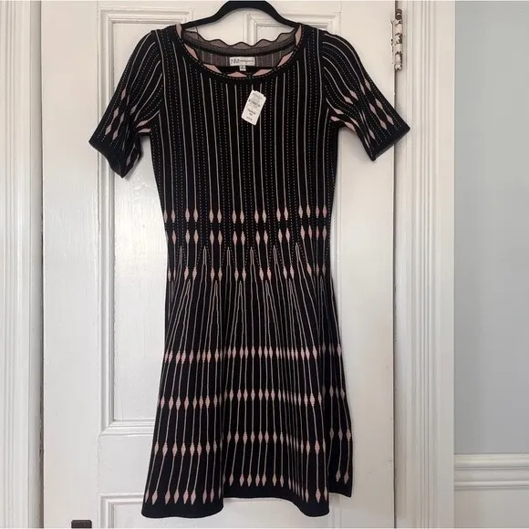 Neiman Marcus Geometric Stripe Black Pink Dress Small NWT