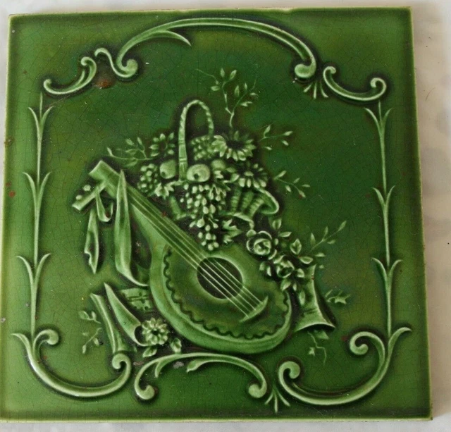 Pilkington English Raised Majolica Green Tile Musical Music Interest