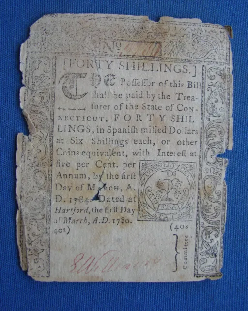 *1780 New London Connecticut Forty Shillings Colonial Currency - Estate Fresh*