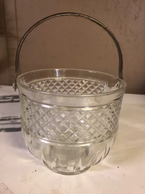 Vintage Small Ice Bucket  Glass Diamond Point with Silver Plate Handle