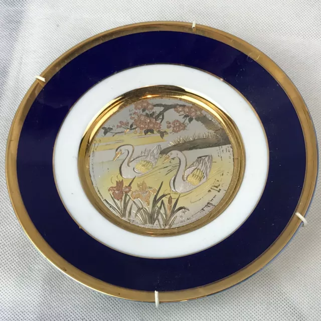 Vintage John Jenkins Japanese Chokin Art Blue Gold Pair Swans Lovers Love