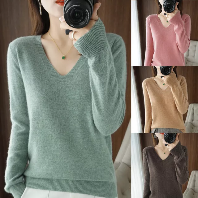 Pullover in cashmere autunno inverno caldo scollo a V femminile maglietta ┛