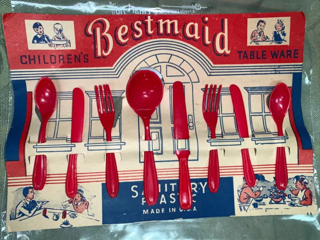 Bestmaid Childrens Table Ware Red Plastic Utensil Set  Complete Vintage