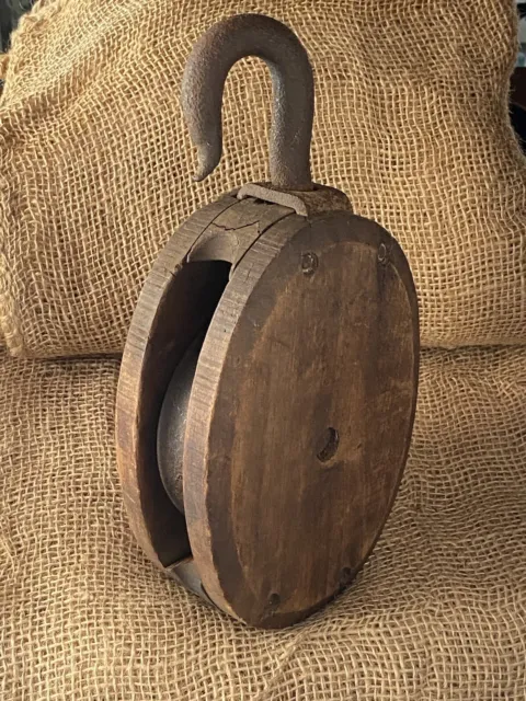 Antique Large 8” Wooden Single Pulley w/Iron Hook~ Industrial Nautical Farm Barn