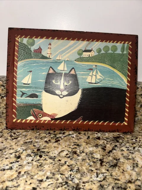 Wendy Presseisen Original Folk Art Fishing Cat Wood Panel Signed See Description