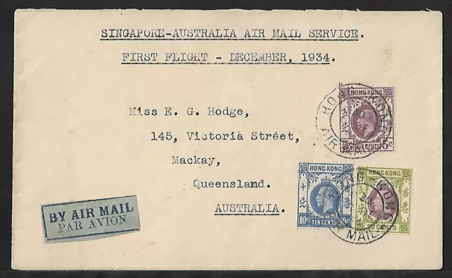 Hong Kong To Australia  First Flight Imperial Airways Air Mail Cover 1934