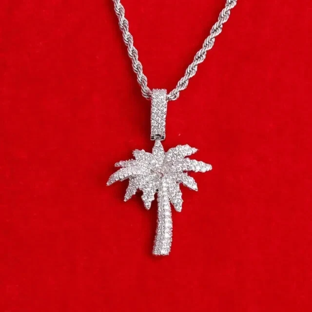 14K White Gold Plated 1.50Ct Round Cut Simulated Diamond Women Palm Tree Pendant