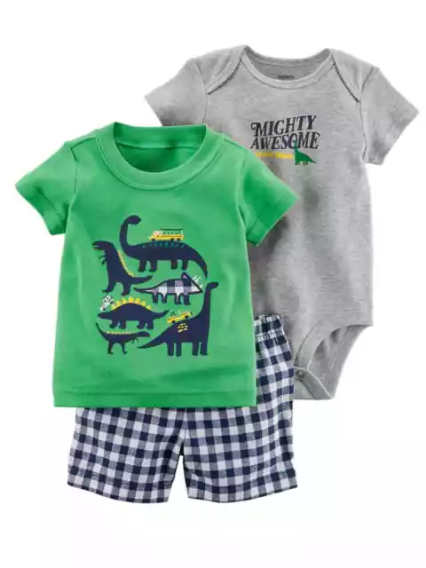 Carters Infant Boys Dinosaur Awesome Baby Outfits Bodysuit Shirt & Plaid Shorts