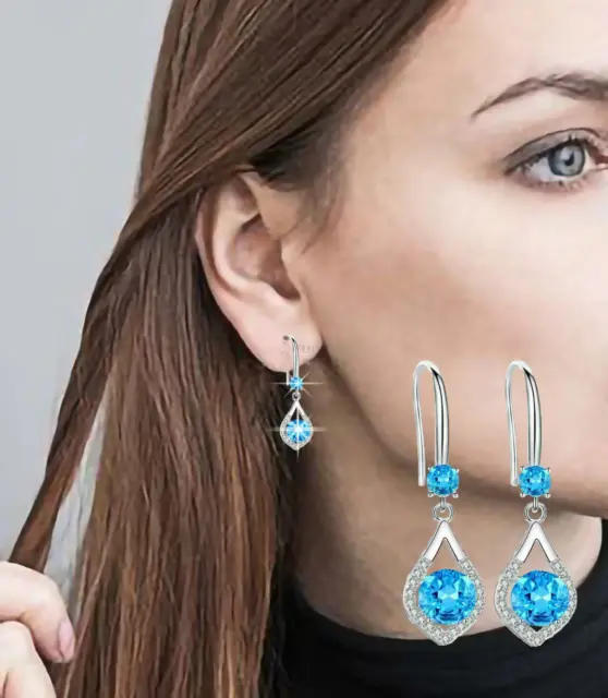 Stunning Boho Teardrop Cubic Zirconia Crystal Drop Earrings 925 Sterling Silver