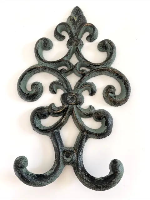Ornate Antique Reproduction Verdis Green Cast Iron Double Wall/Coat Hook(s)