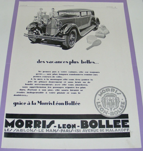 Antique Press Advertisement Auto Morris Leon Bollee Illustration 1929 /B3277