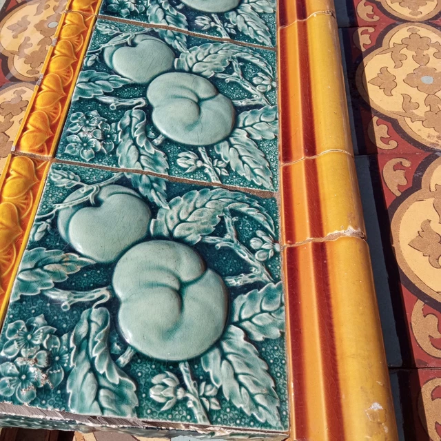 Reclaimed original period antique Art Nouveau tile fruits floral wall panel 10