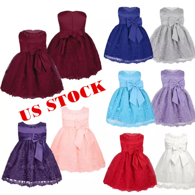 US Toddler Baby Girl Lace Tutu Dress Party Wedding Birthday Princess Bow Dresses