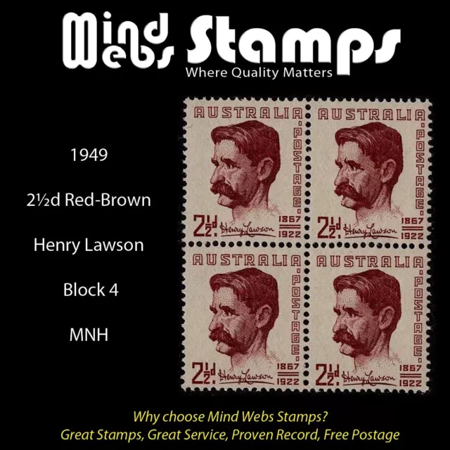 Australian Pre-Decimal Stamps 1949 2½d Red-Brown Henry Lawson, Block 4, MNH