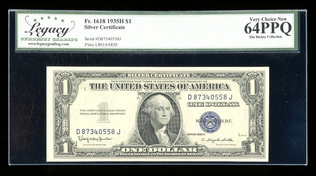 DBR $1 1935-H Silver Fr. 1618 DJ Block Legacy 64 PPQ Serial D87340558J