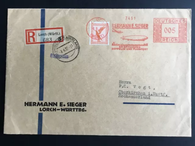 R-Brief mit Freistempel der Fa. Sieger mit Zeppelin und Flugzeug selten