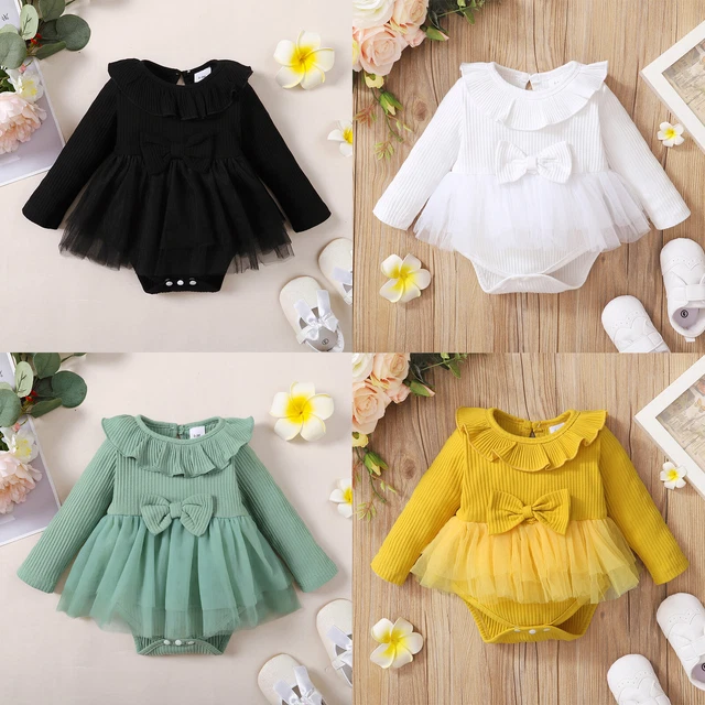 Baby Girls Bodysuit Dress Long Sleeve Ribbed Ruffled Romper with Tulle Skirt