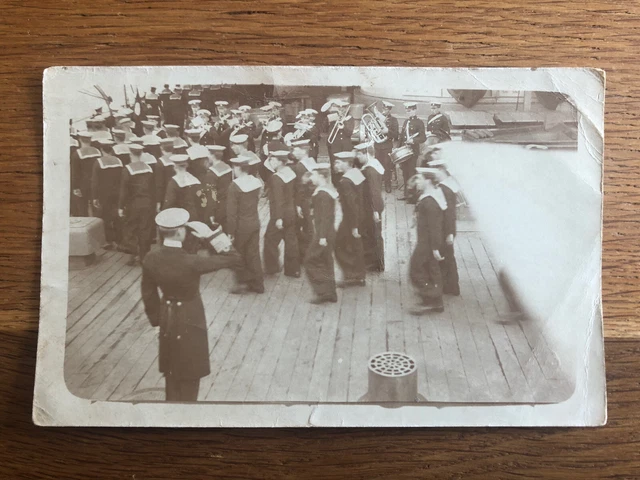 Shipping Postcard Group Of Naval Men On Board Ship With Navy Band