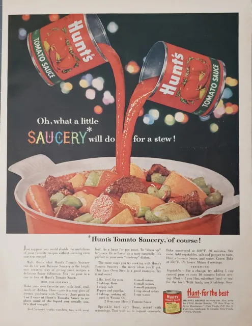 1958 Hunt's Tomato Sauce Saucery Beef Stew Recipe Print Ad