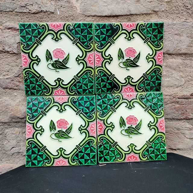 1940 Vintage Majolica Decorative Nouveau Architecture Furniture Tiles 4Pcs Japan