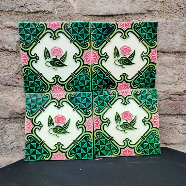 Vintage Majolica Decorative Nouveau Architecture Furniture Tiles 4Pcs Japan CT71