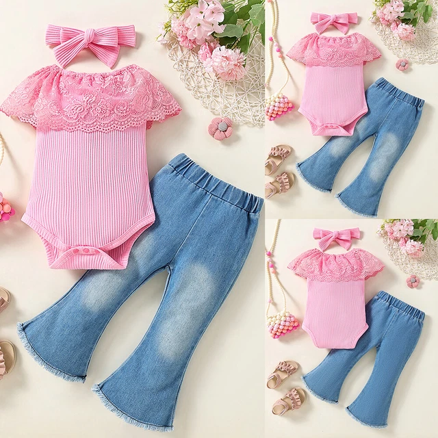Newborn Infant Baby Girl Lace Tops Romper Denim Long Pants Jeans Clothes Outfits