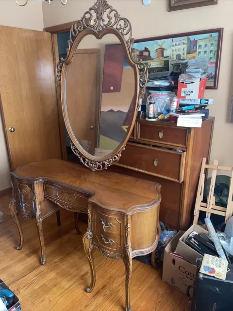 French Early 1930s Carved Vanity Makeup Dressing Table with Mirror  50X19X30