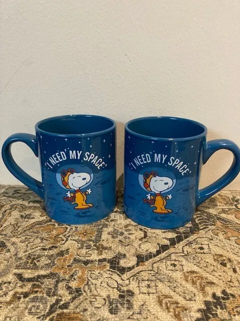 Peanuts Snoopy Astronaut Mugs I Need My Space Moon Landing 2 Mugs NEW 14ounce