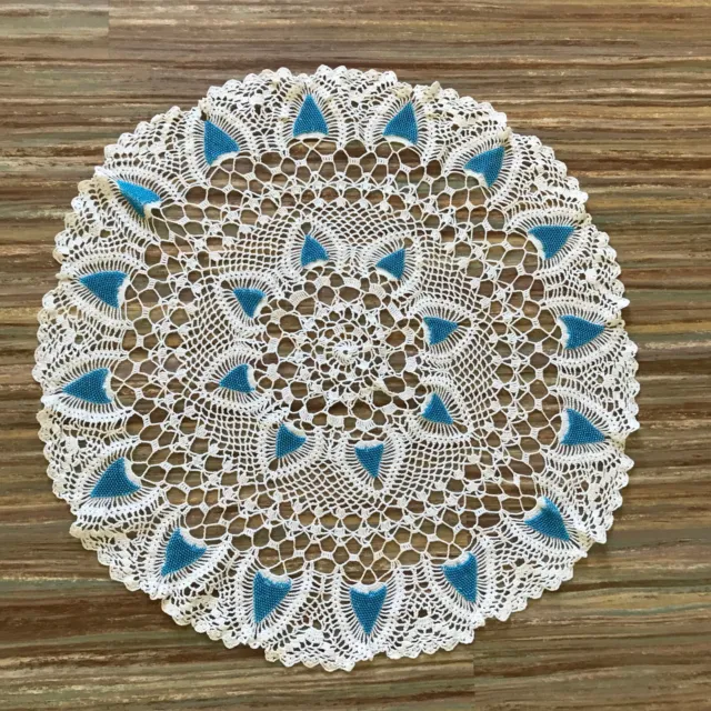 Hand Crocheted Pineapple Lace Doily w/ Blue Beaded Design Vtg 22"