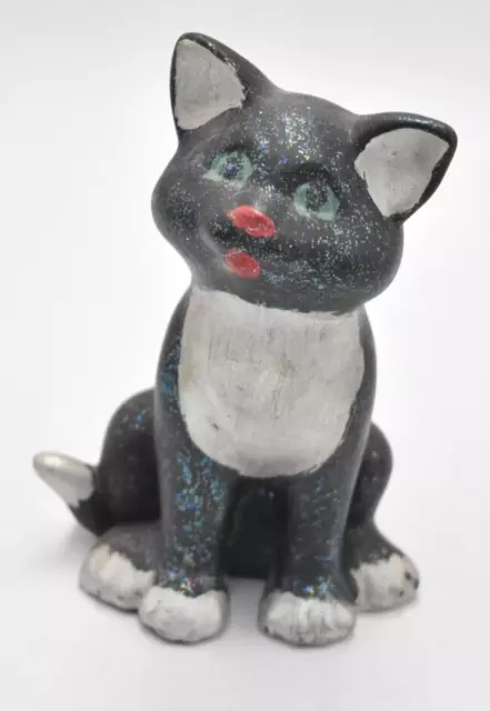 Vintage Black and Silver Sparkly Cat Figurine Statue Ornament