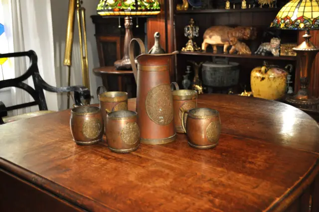 Vintage 70's Mexican  Aztec Handmade Copper & Brass Pitcher w/ Cups Set