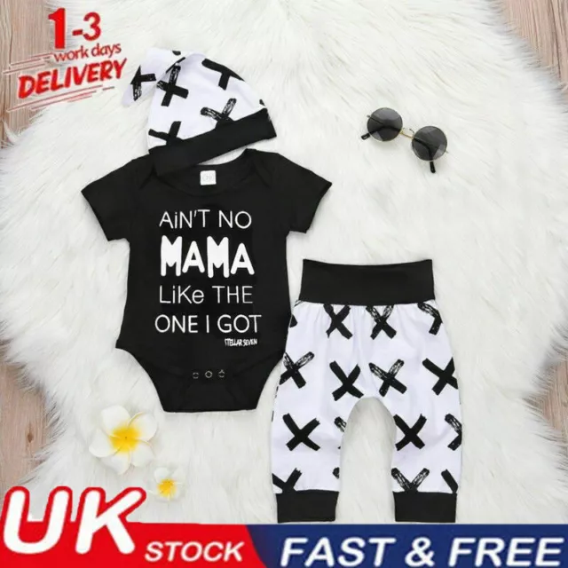 Newborn Baby Girl 3Pcs Outfits Romper Tops Long Pant Headband Set Infant Clothes
